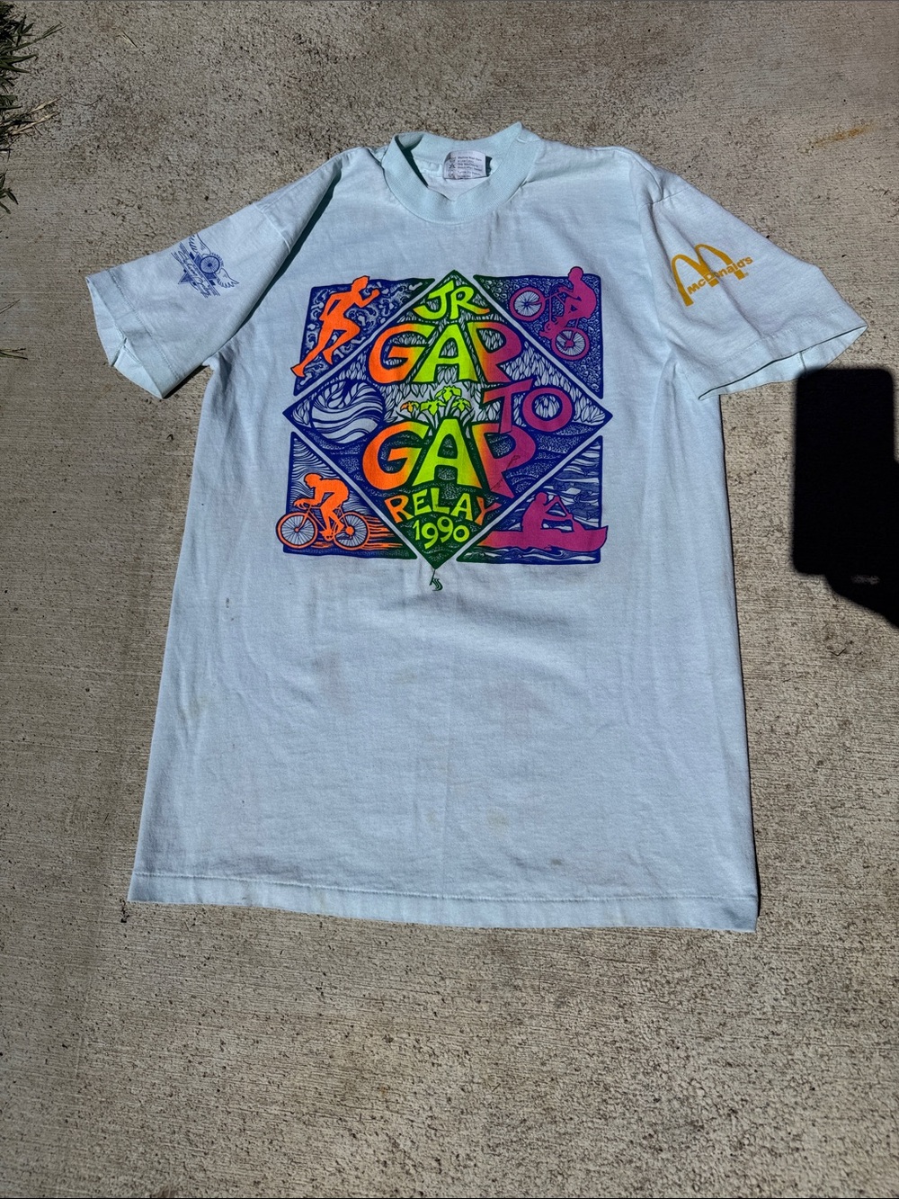 Vintage McDonald’s Gap to Gap Relay 1990 Graphic Tee - Neon Multi on Light Blue